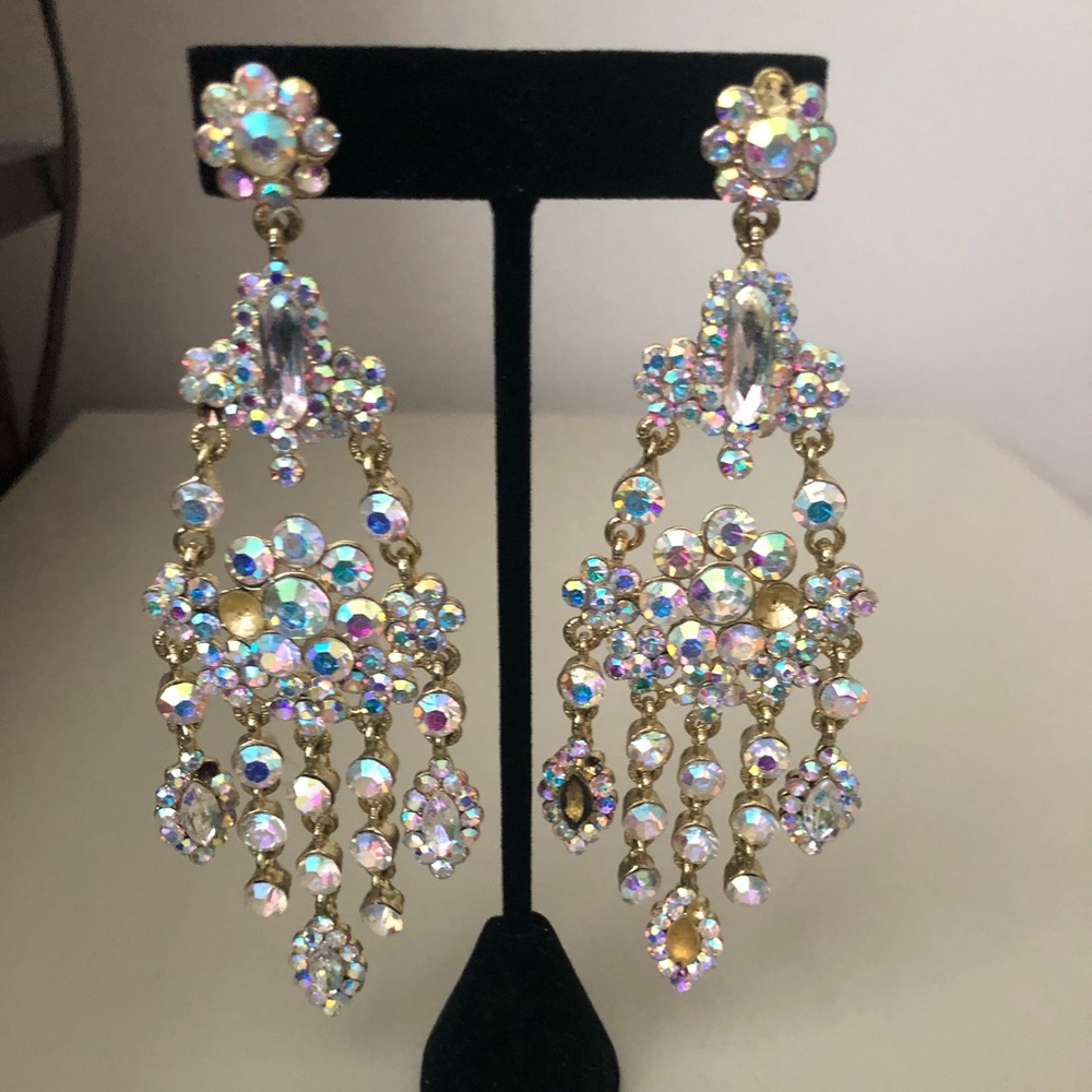 12” Gold chandelier earrings- missing a few stones.